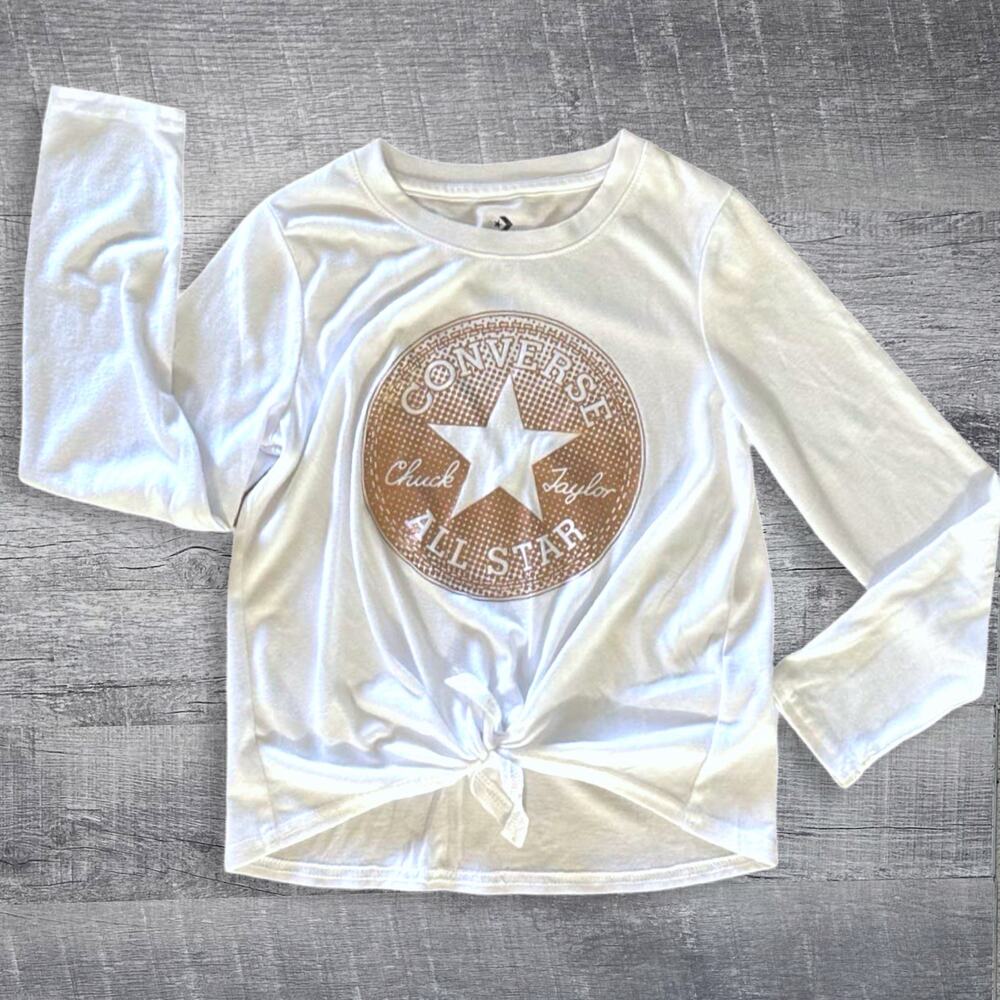 Converse All Star Metallic Logo Tie Front Top Girls M 10/12 White Long Sleeve